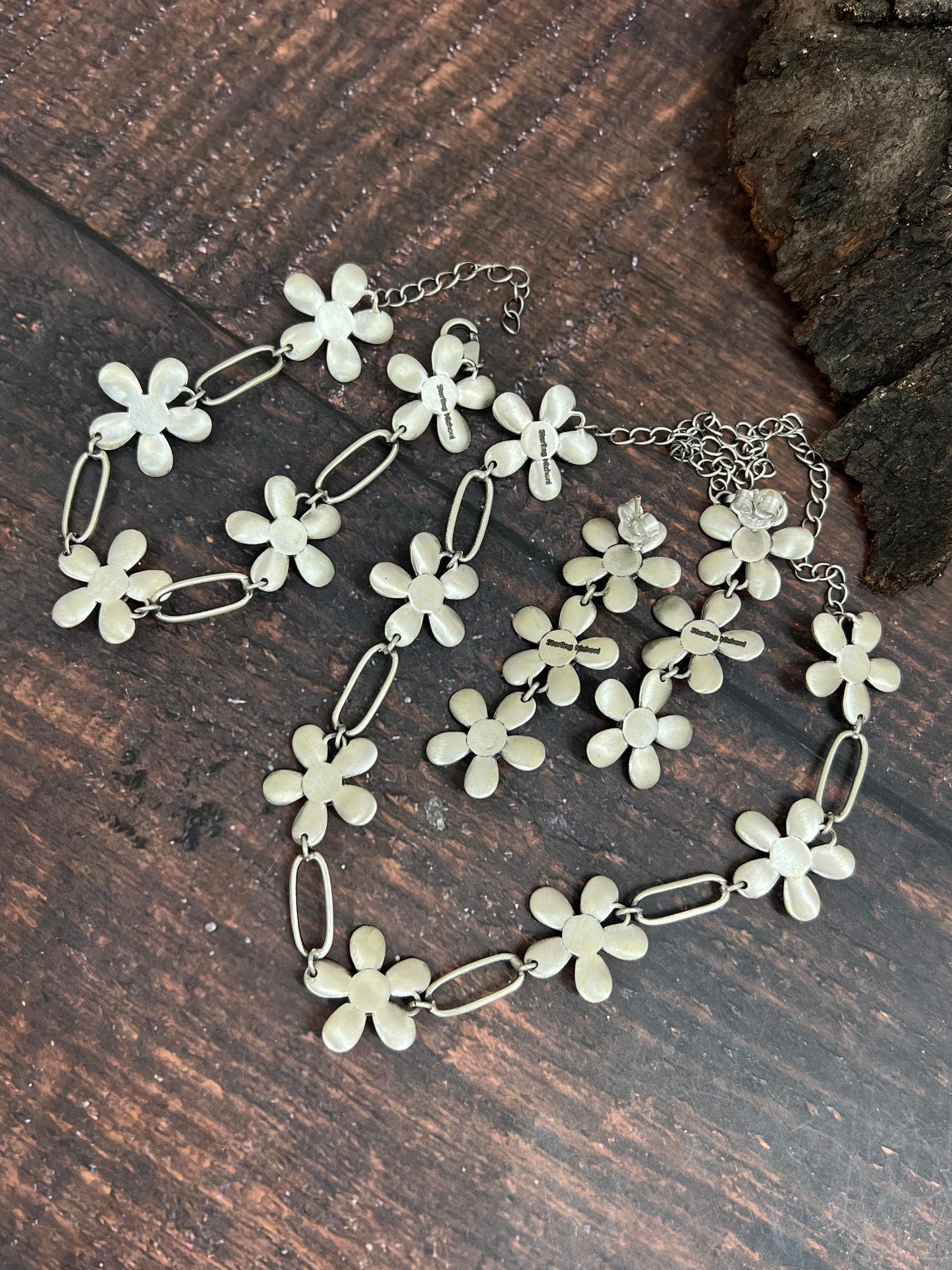 Handmade Sterling Silver Pink Dream Mojave Daisy Necklace Earrings & Bracelet Set with Signed Nizhoni