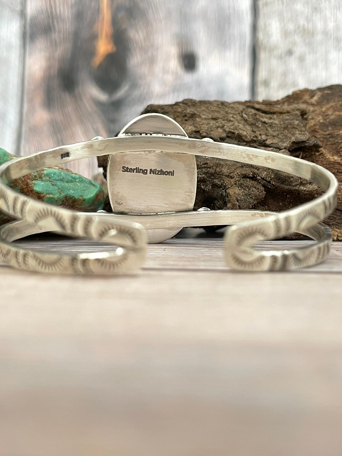 Handmade Sterling Silver Ribbon Royston Cuff Bracelet with Signed Nizhoni