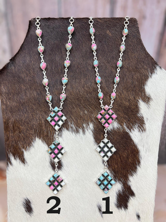 Handmade Sterling Silver Cotton Candy Turquoise Necklace with Signed Nizhoni