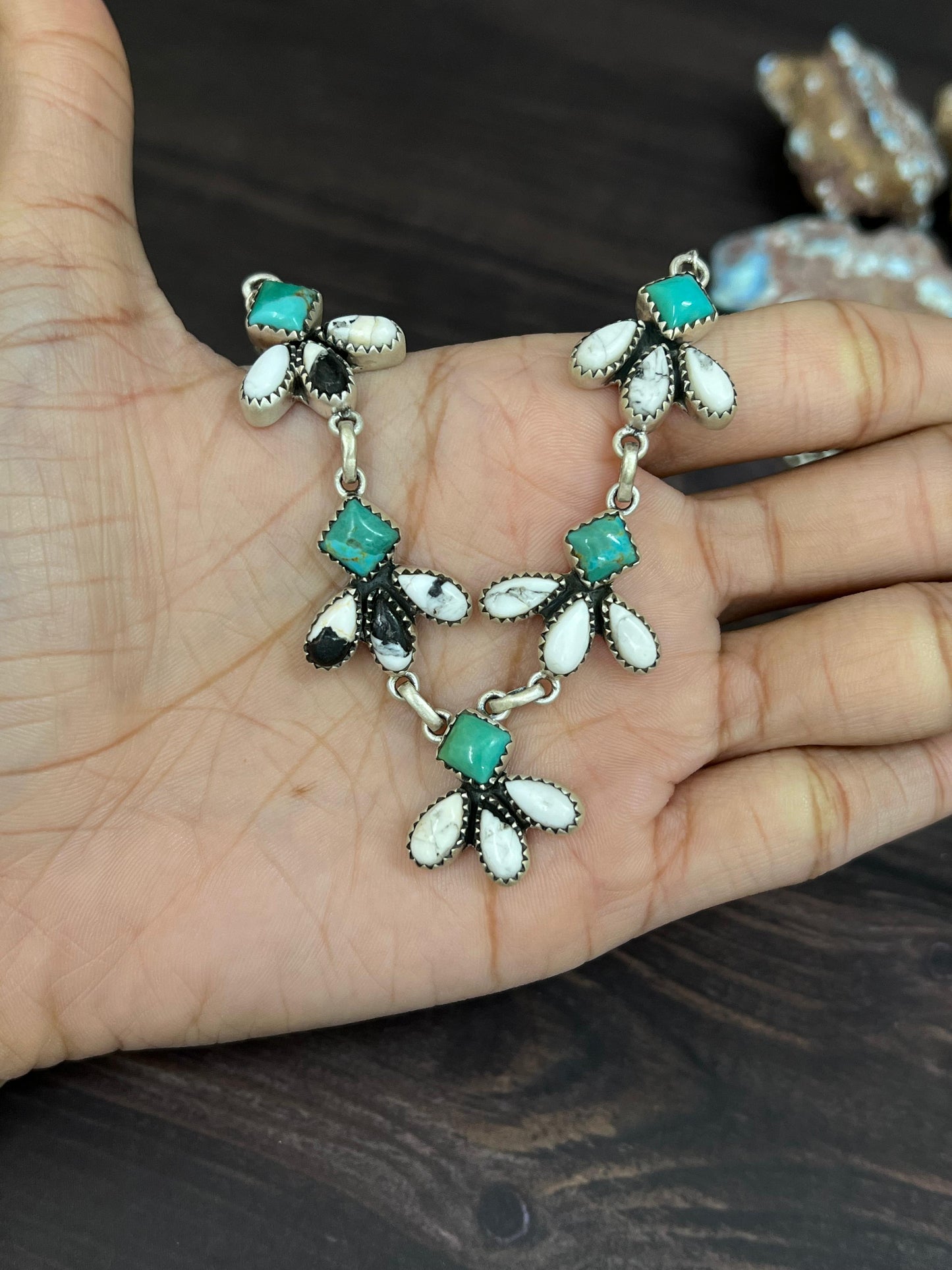 Handmade Sterling Silver Kingman with White Buffalo Necklace with Signed Nizhoni