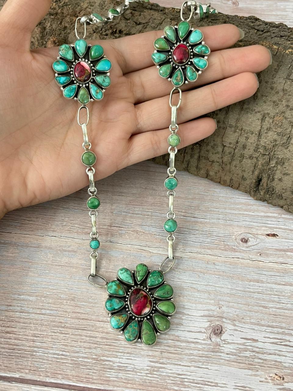 Handmade Sterling Silver Dahlia Rose with Emerald Valley Turquoise Necklace "Signed Nizhoni"