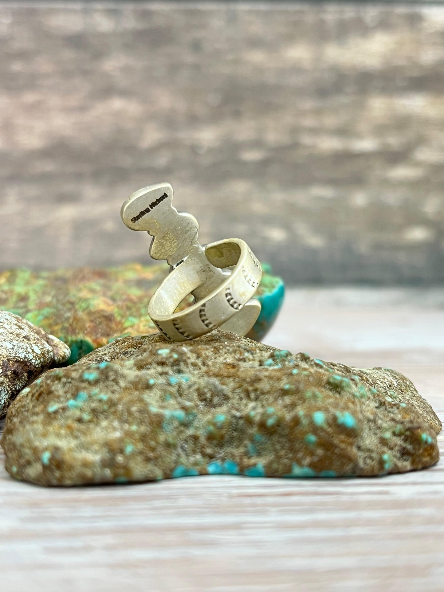 Handmade Sterling Silver Kingman Turquoise Adjustable Ring with Signed Nizhoni