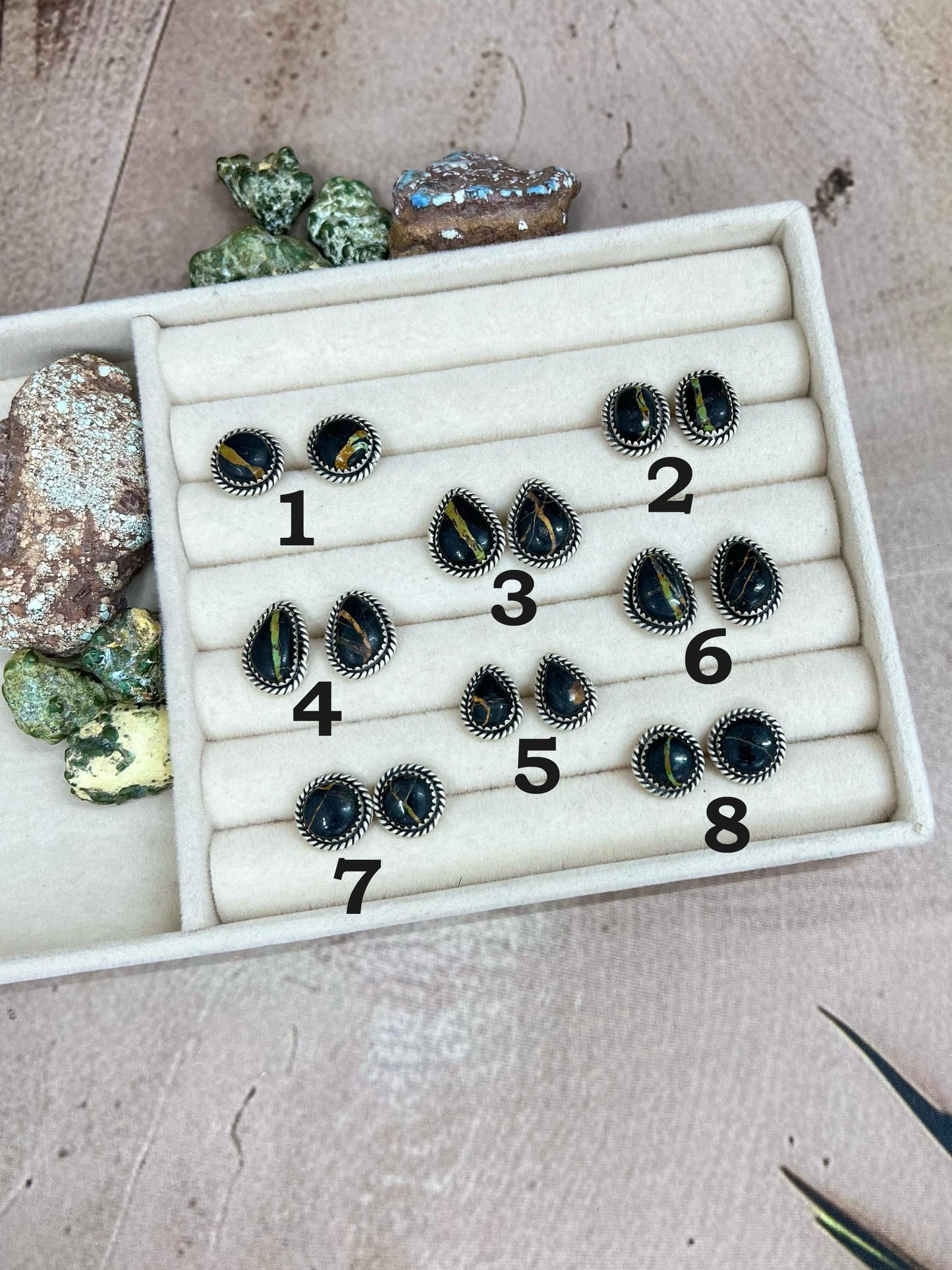 Handmade Sterling Silver Blackjack Turquoise Post Earrings Signed Nizhoni