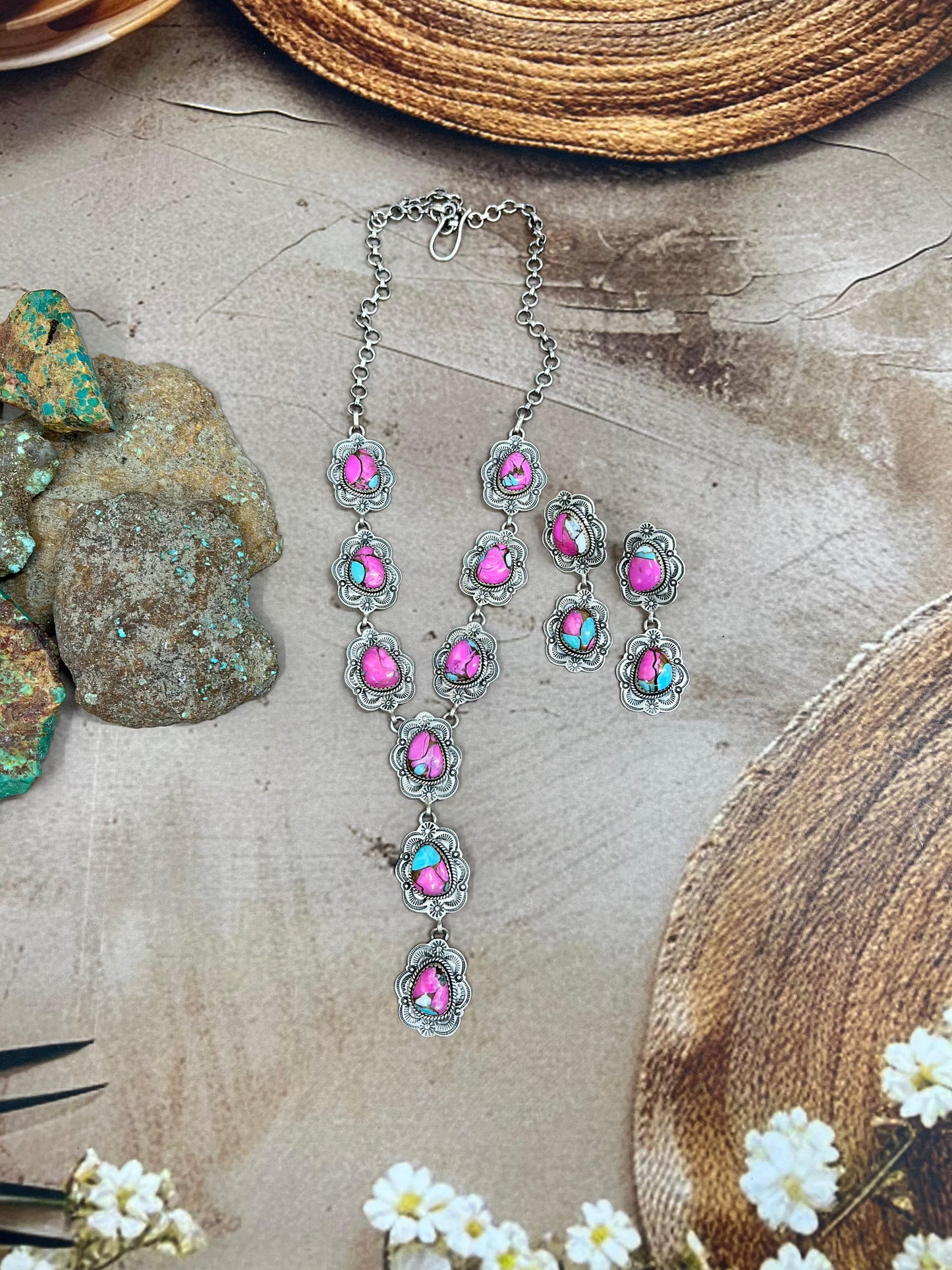Handmade Sterling Silver Cotton Candy Turquoise Necklace Earrings Set, Signed Nizhoni