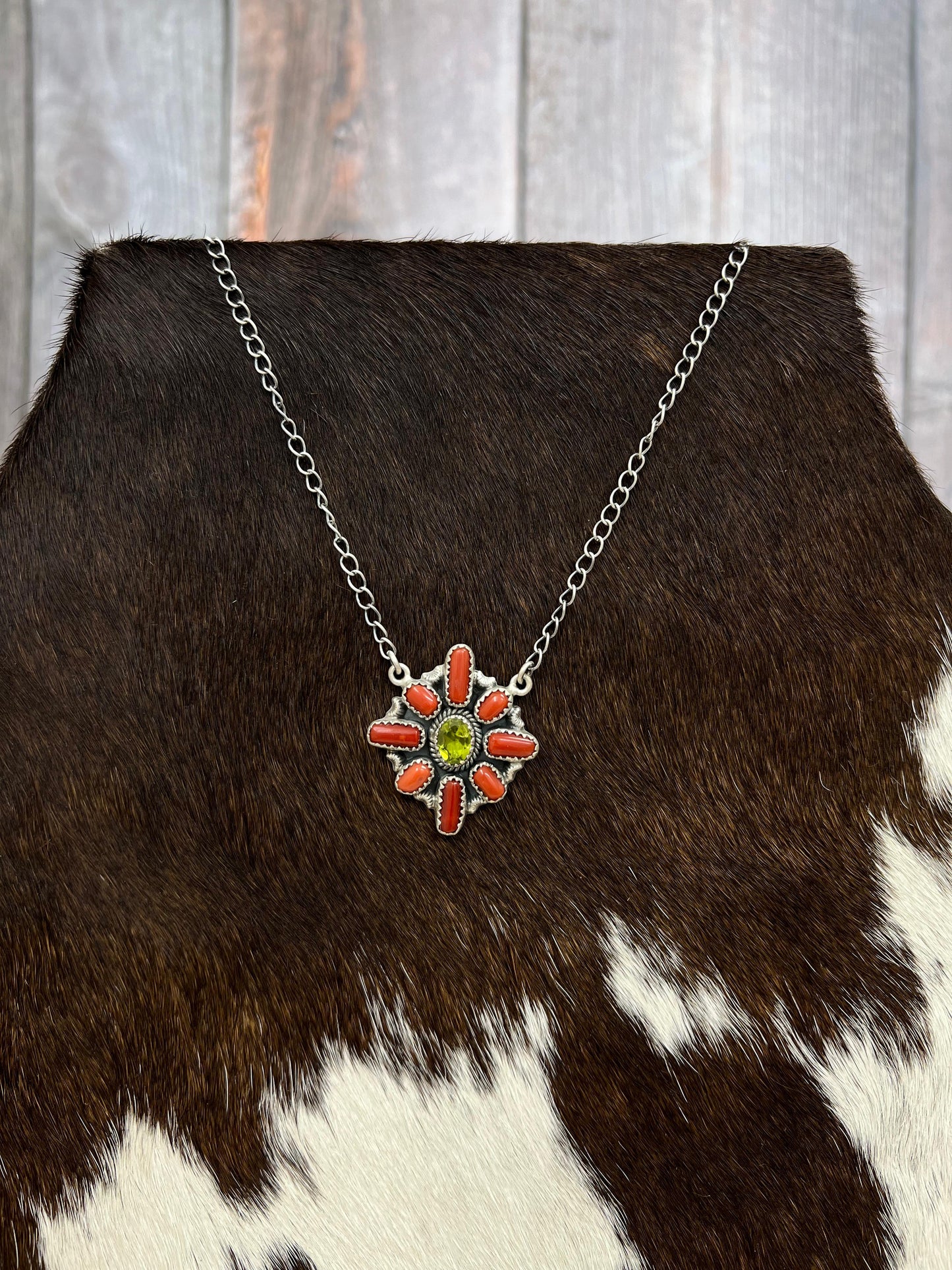 Christmas Collection Handmade Sterling Silver Coral with Peridot Necklace with Signed Nizhoni