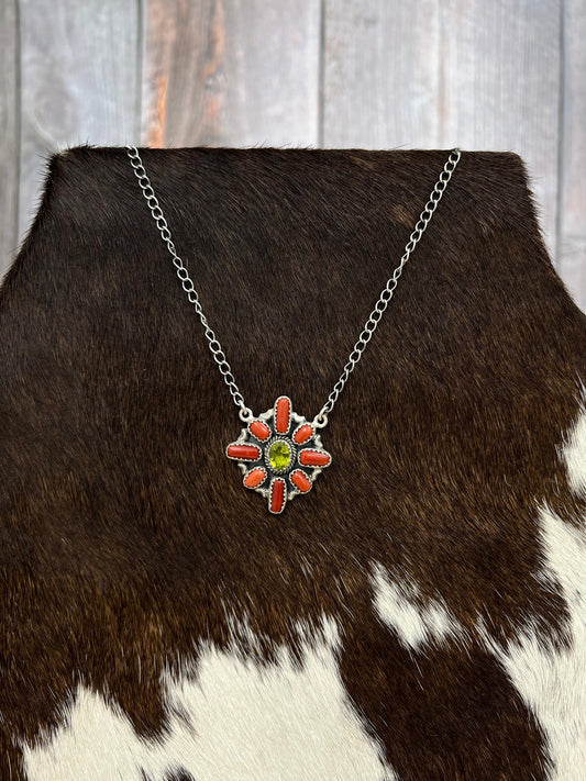 Christmas Collection Handmade Sterling Silver Coral with Peridot Necklace with Signed Nizhoni