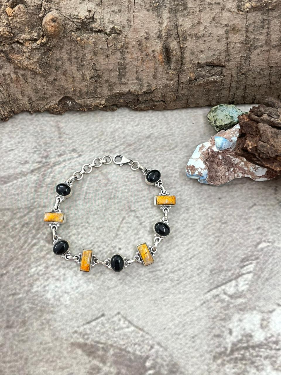 "Halloween Collection" Handmade Sterling Silver Black Onyx, Bumblebee Chain Bracelet with Signed Nizhoni