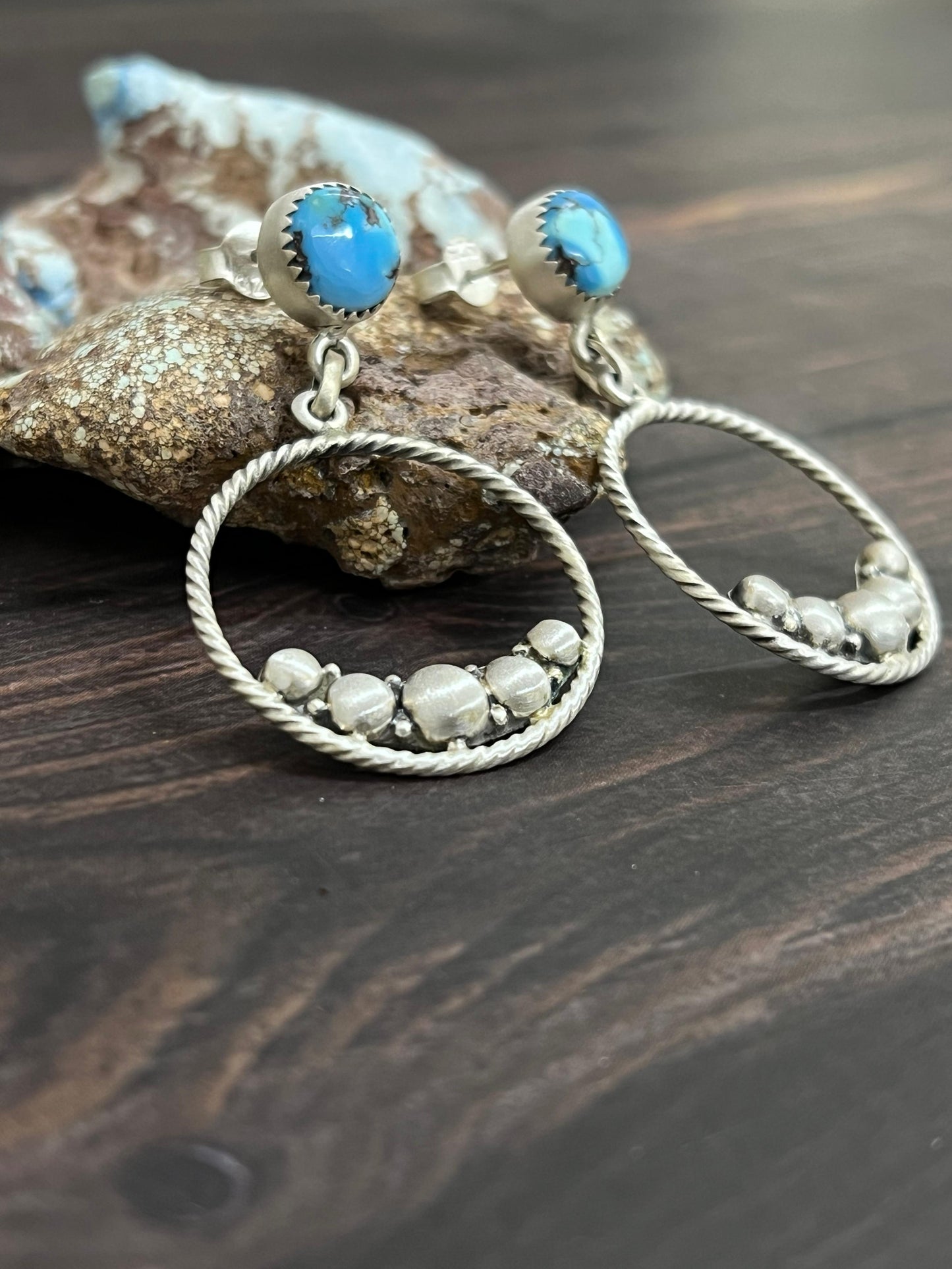 Handmade Sterling Silver Golden Hills Turquoise Post Hoop Earrings with Signed Nizhoni