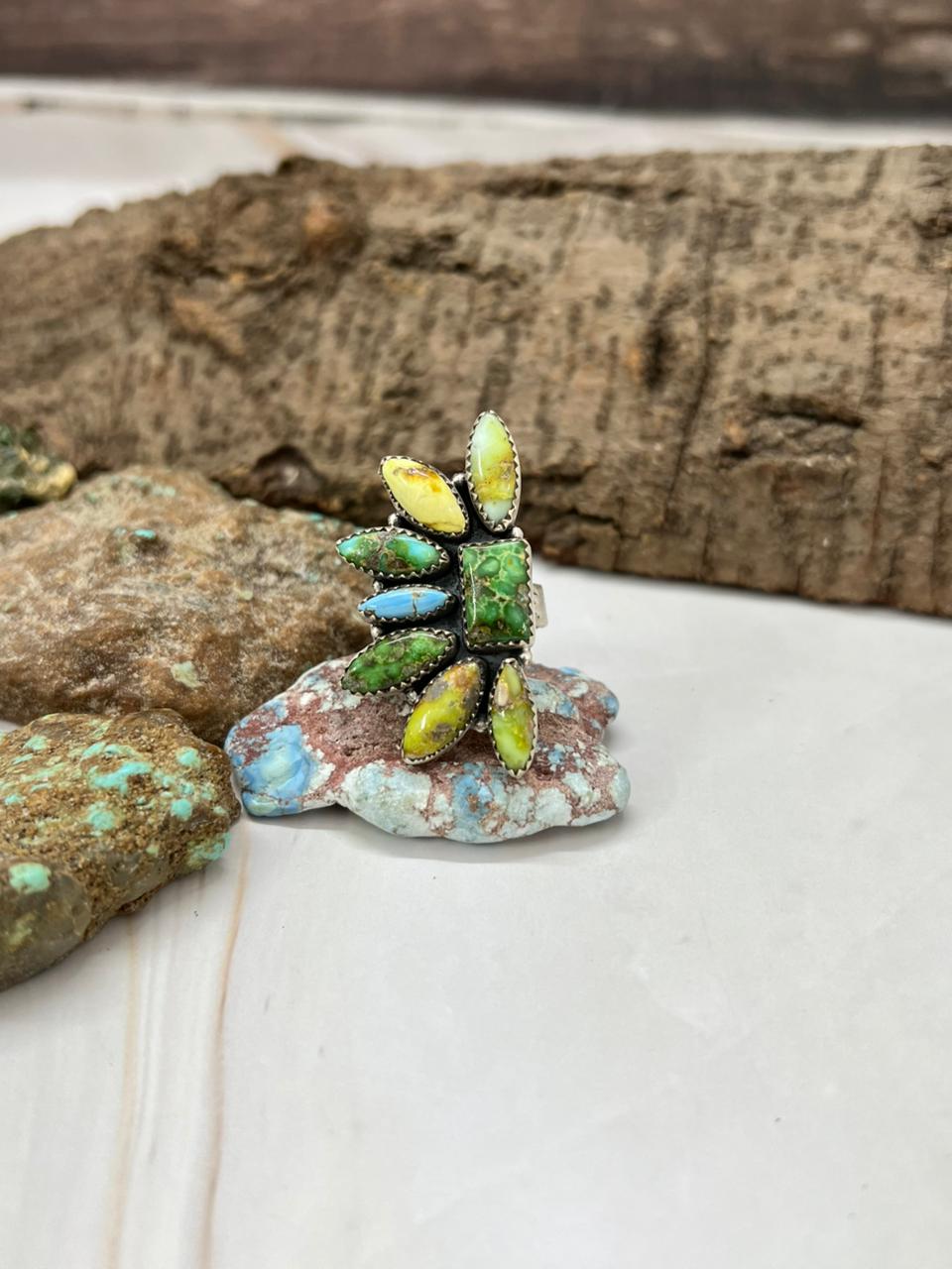 Handmade Sterling Silver Palomino with Golden Hills and Sonoran Mountain Turquoise Adjustable Ring " Signed Nizhoni"