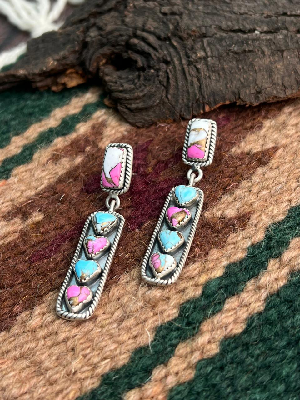 "Heart Collection" Handmade Sterling Silver Cotton Candy Post Dangle Earrings "Signed Nizhoni"