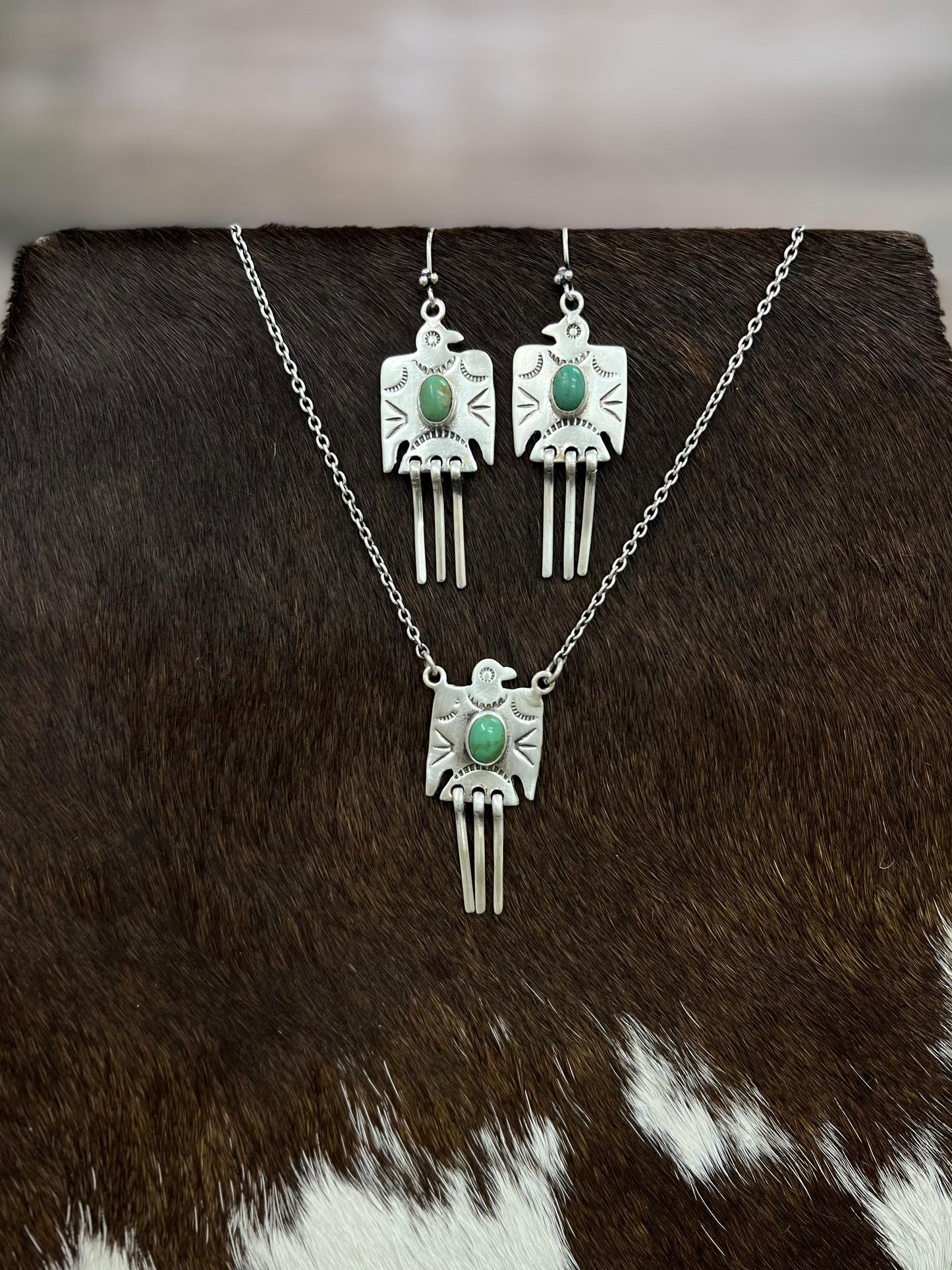 Handmade Sterling Silver Kingman Turquoise Necklace Earrings Set with Signed Nizhoni