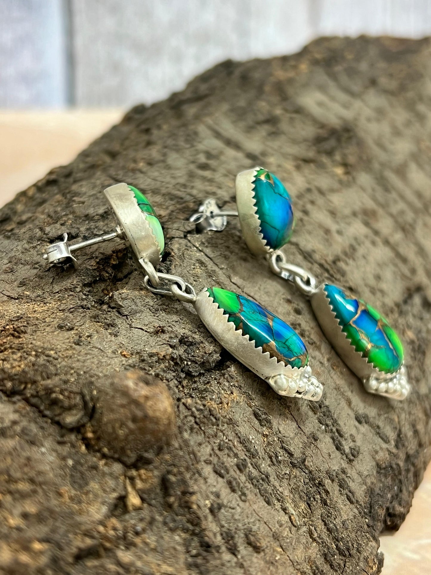 Handmade Sterling Silver Peacock Dahlia Post Earrings with Signed Nizhoni