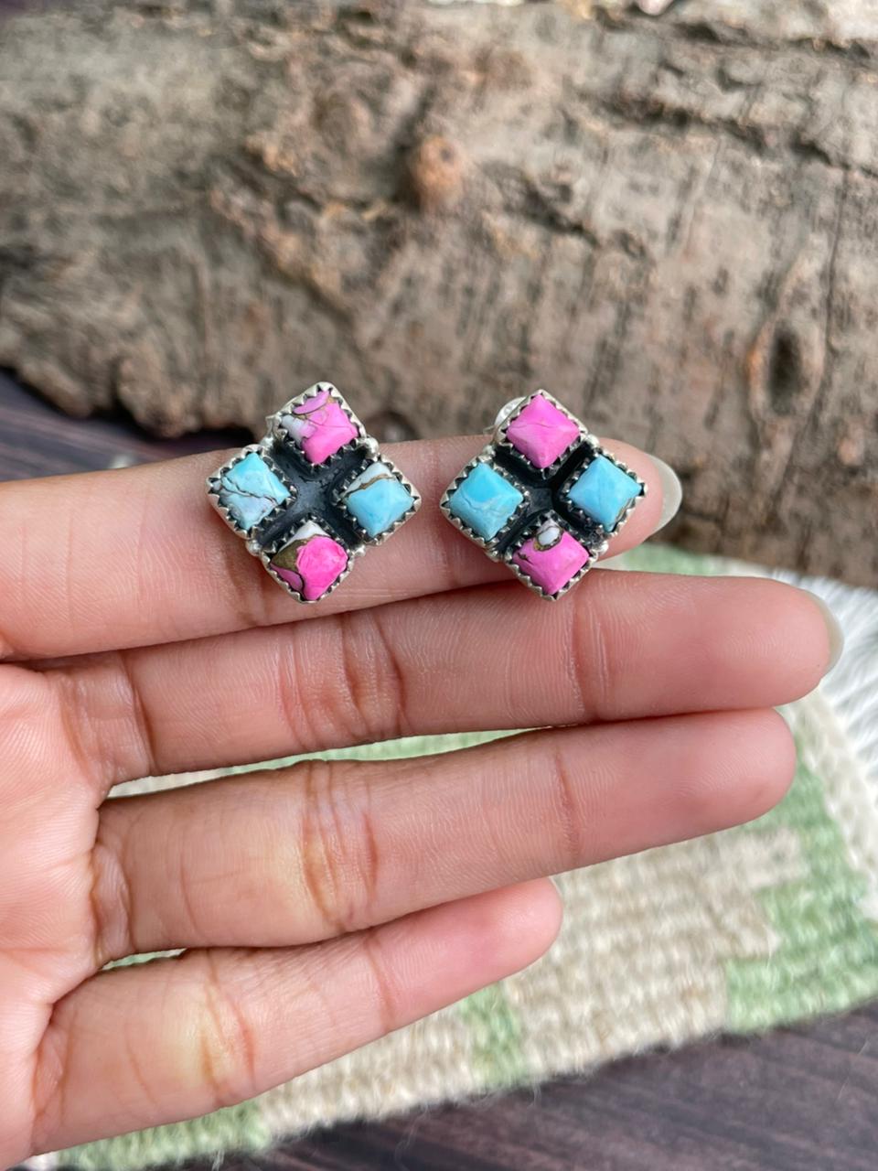 Handmade Sterling Silver Cotton Candy Post Studs Earrings "Signed Nizhoni"