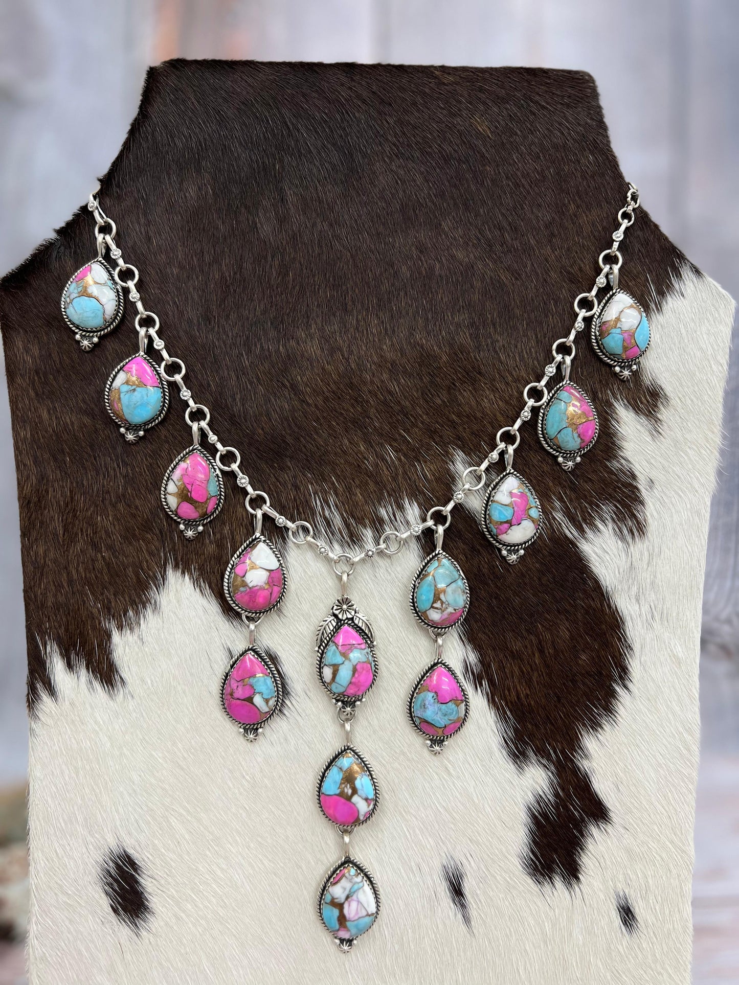 Handmade Sterling Silver Multi Stone Necklace, Signed Nizhoni