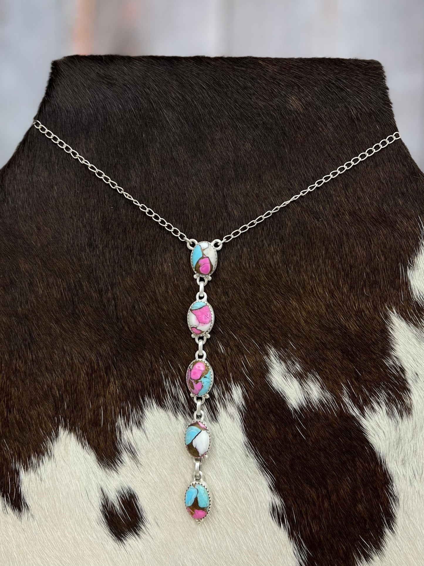 Handmade Sterling Silver Cotton Candy Turquoise Necklace with Signed Nizhoni