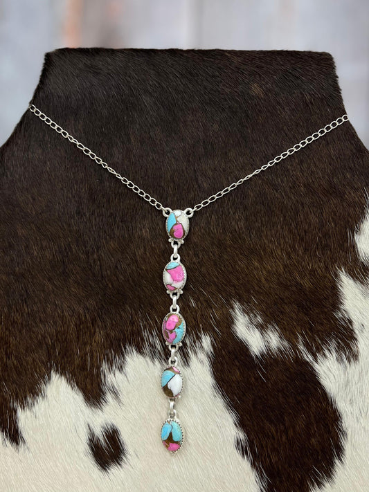Handmade Sterling Silver Cotton Candy Turquoise Necklace with Signed Nizhoni
