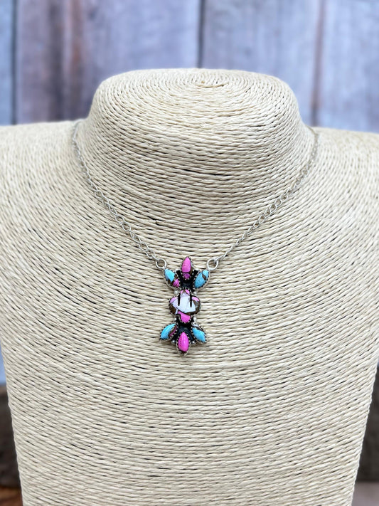 Handmade Sterling Silver Cotton Candy Turquoise Necklace with Signed Nizhoni