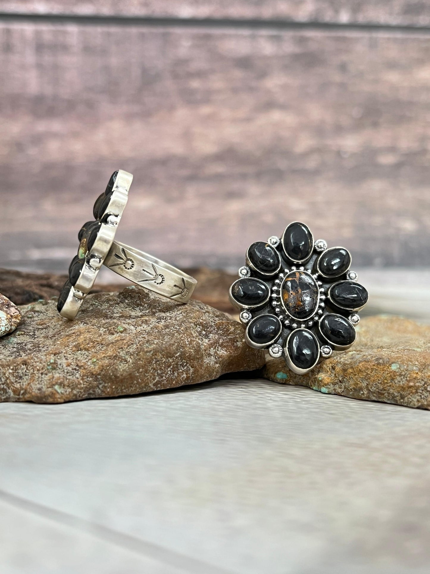 Handmade Sterling Silver Blackjack Turquoise Adjustable Ring Signed Nizhoni