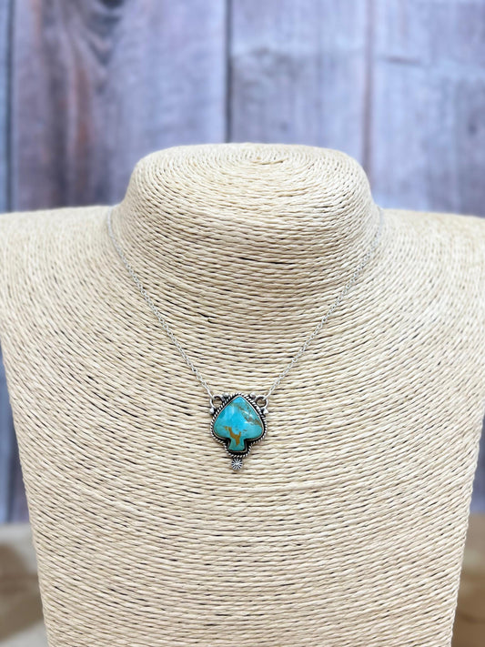 Handmade Sterling Silver Kingman Turquoise Spade Necklace with Signed Nizhoni