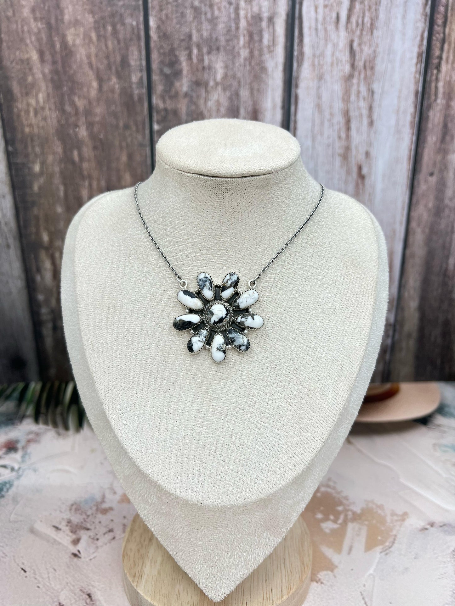 Handmade Sterling Silver White Buffalo Turquoise Flower Necklace with Signed Nizhoni