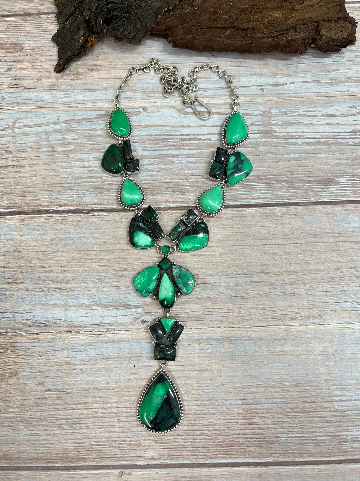Handmade Sterling Silver Emerald Rose Necklace with Signed Nizhoni