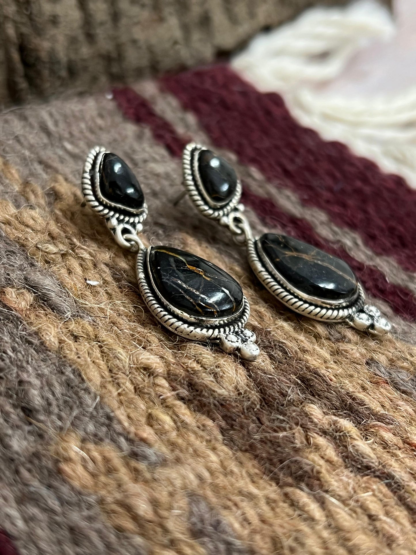 Handmade Sterling Silver Black Jack Dangle Earrings with Signed Nizhoni