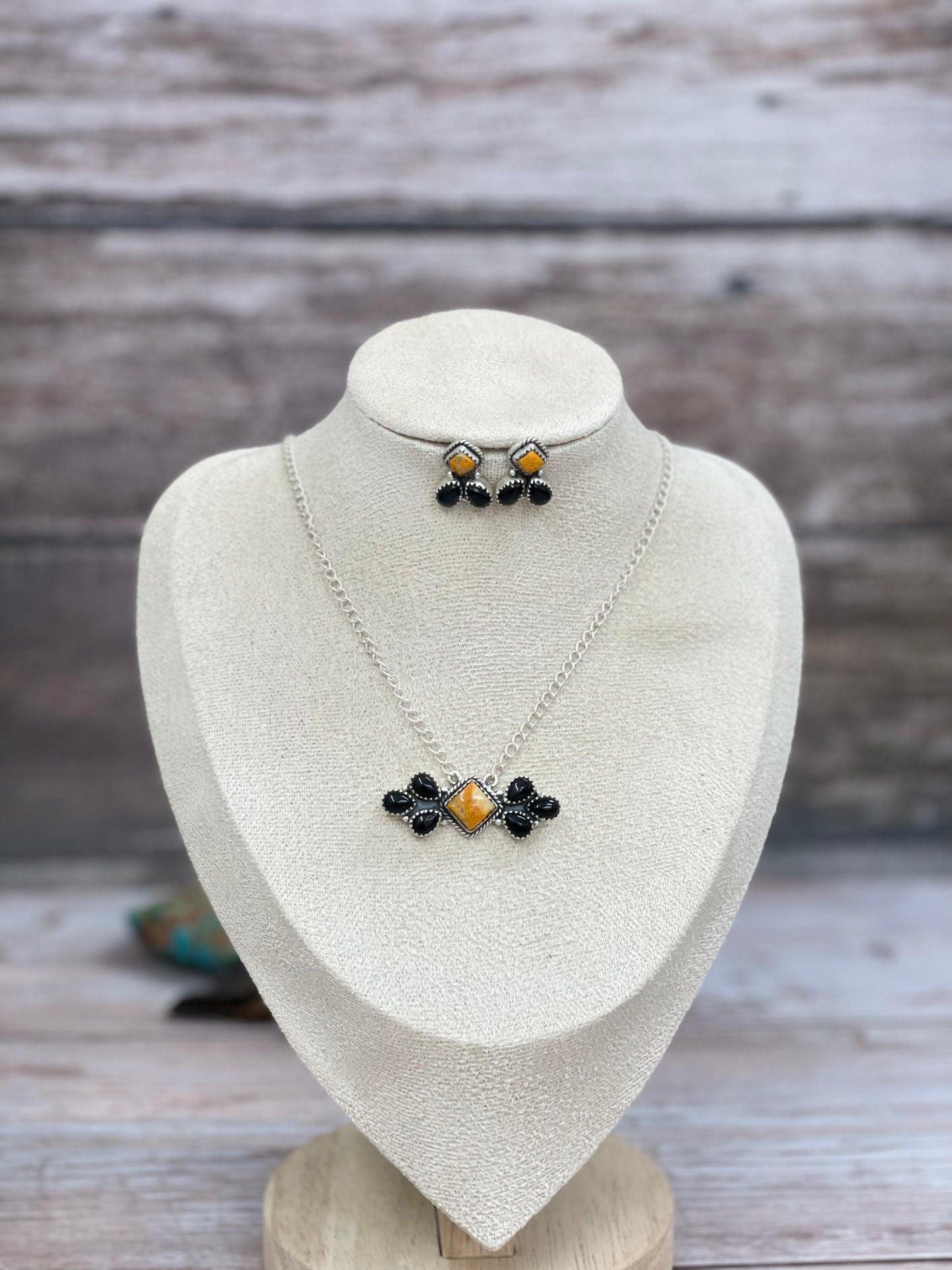 "Halloween Collection" Handmade Sterling Silver Black Onyx, Bumblebee Necklace with Signed Nizhoni