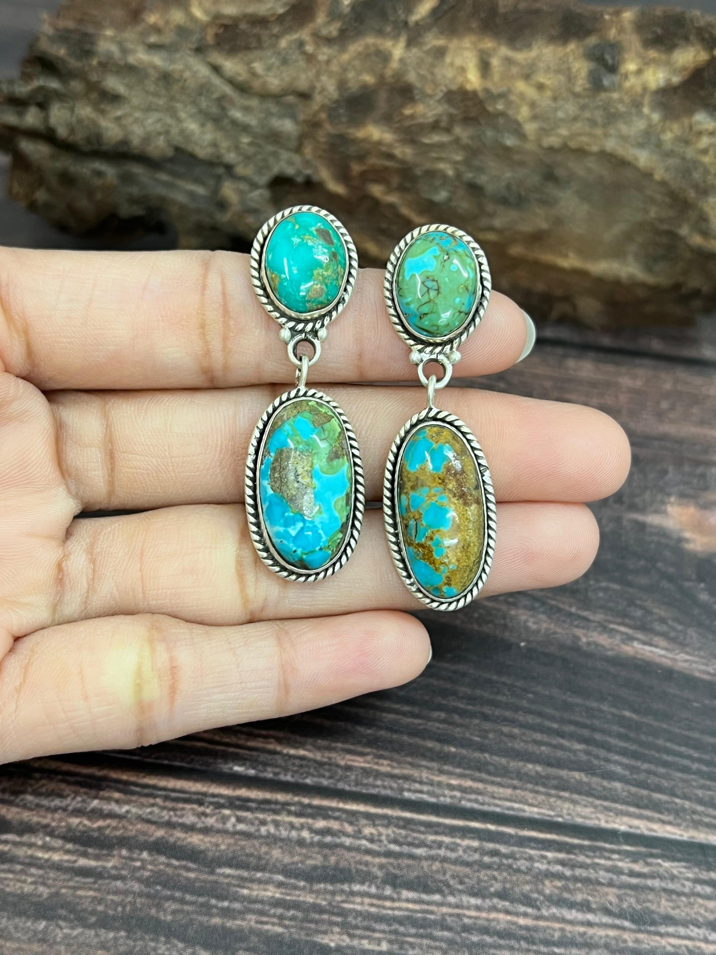 Handmade Sterling Silver South Hill Turquoise Post Dangle Earrings with Signed Nizhoni