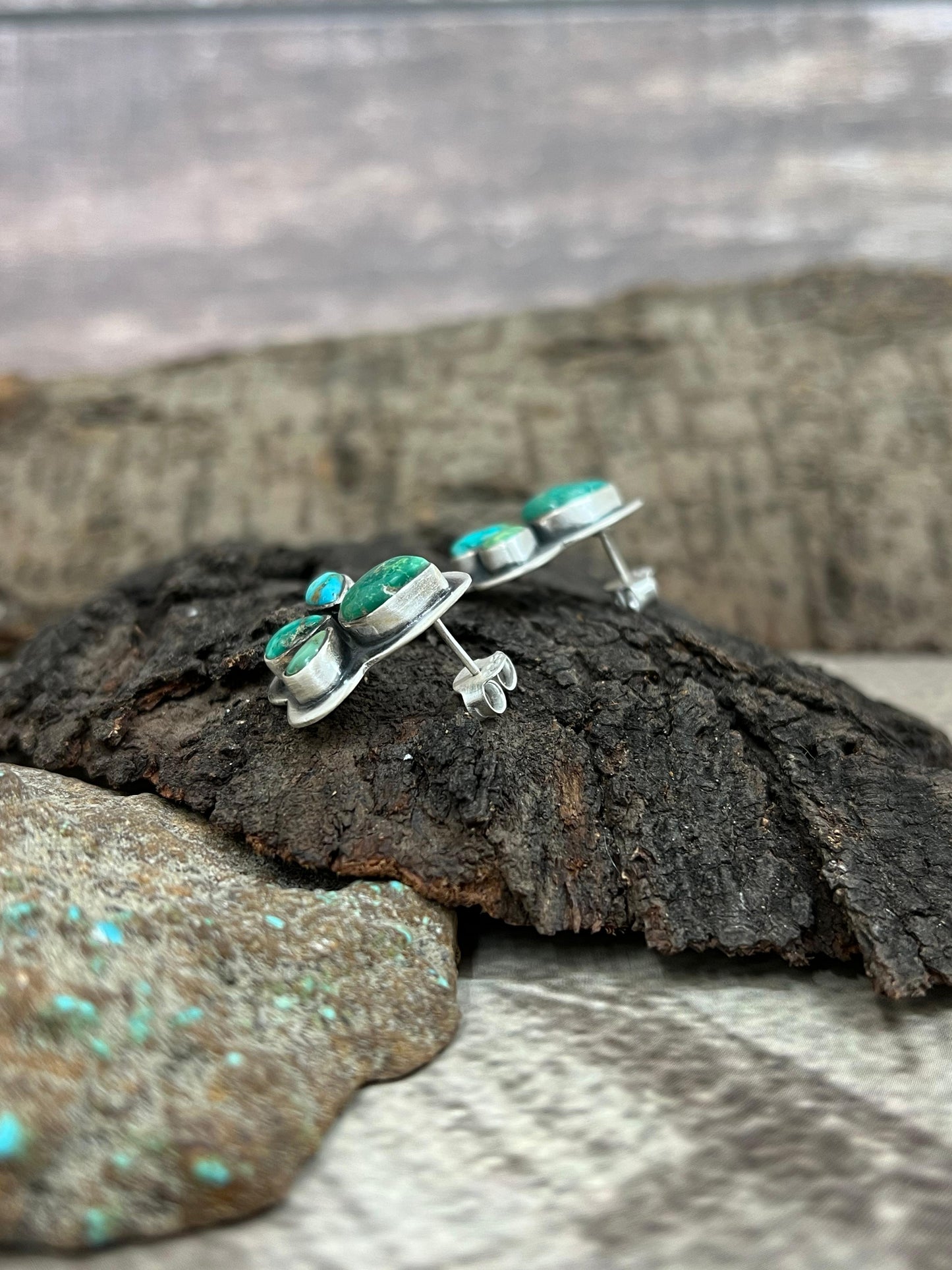 Handmade Sterling Silver South Hill Turquoise Studs with Signed Nizhoni