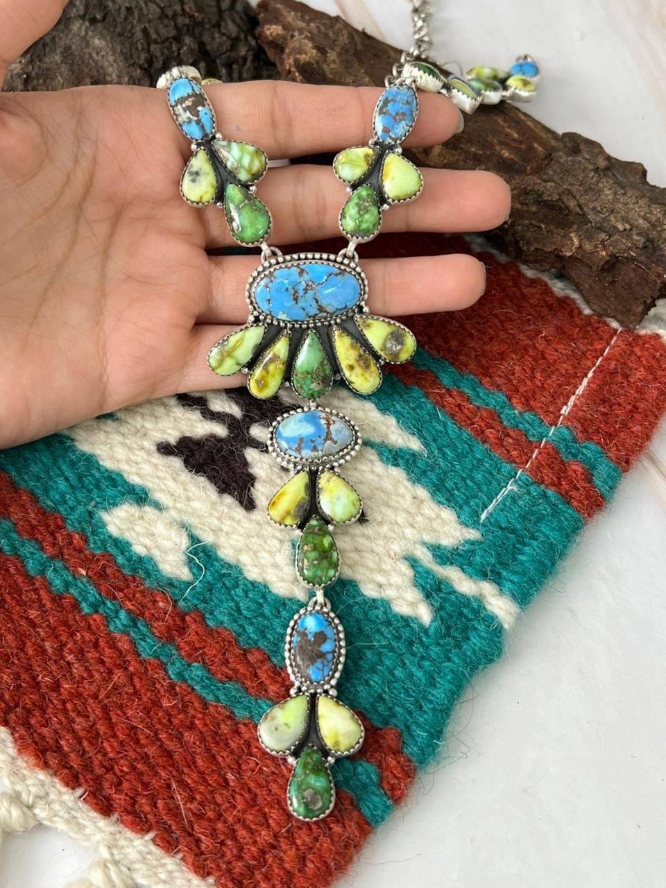 Handmade Sterling Silver Palomino with Golden Hills and Sonoran Mountain Turquoise Necklace "Signed Nizhoni"