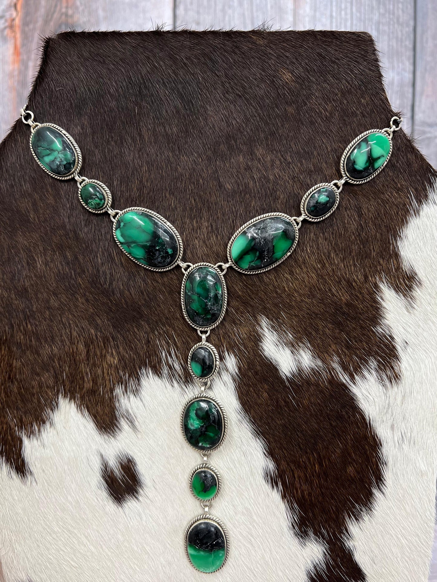 Handmade Sterling Silver Emerald Rose Necklace with Signed Nizhoni