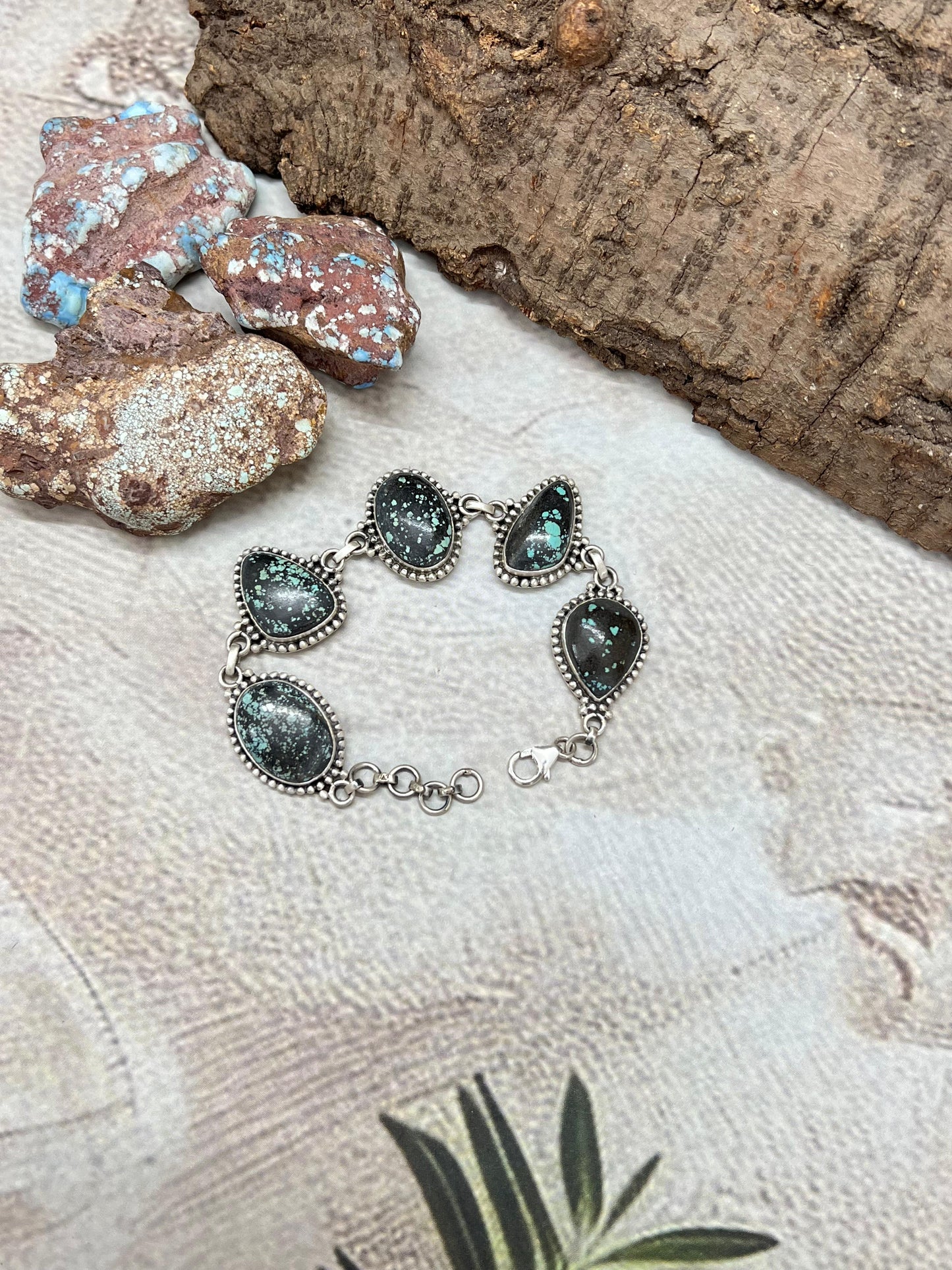 Handmade Sterling Silver Lander Turquoise Chain Bracelet with Signed Nizhoni