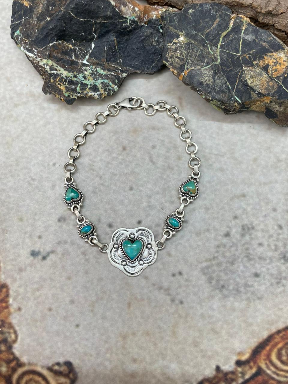 "Heart Collection" Handmade Sterling Silver Kingman Turquoise Chain Bracelet "Signed Nizhoni"