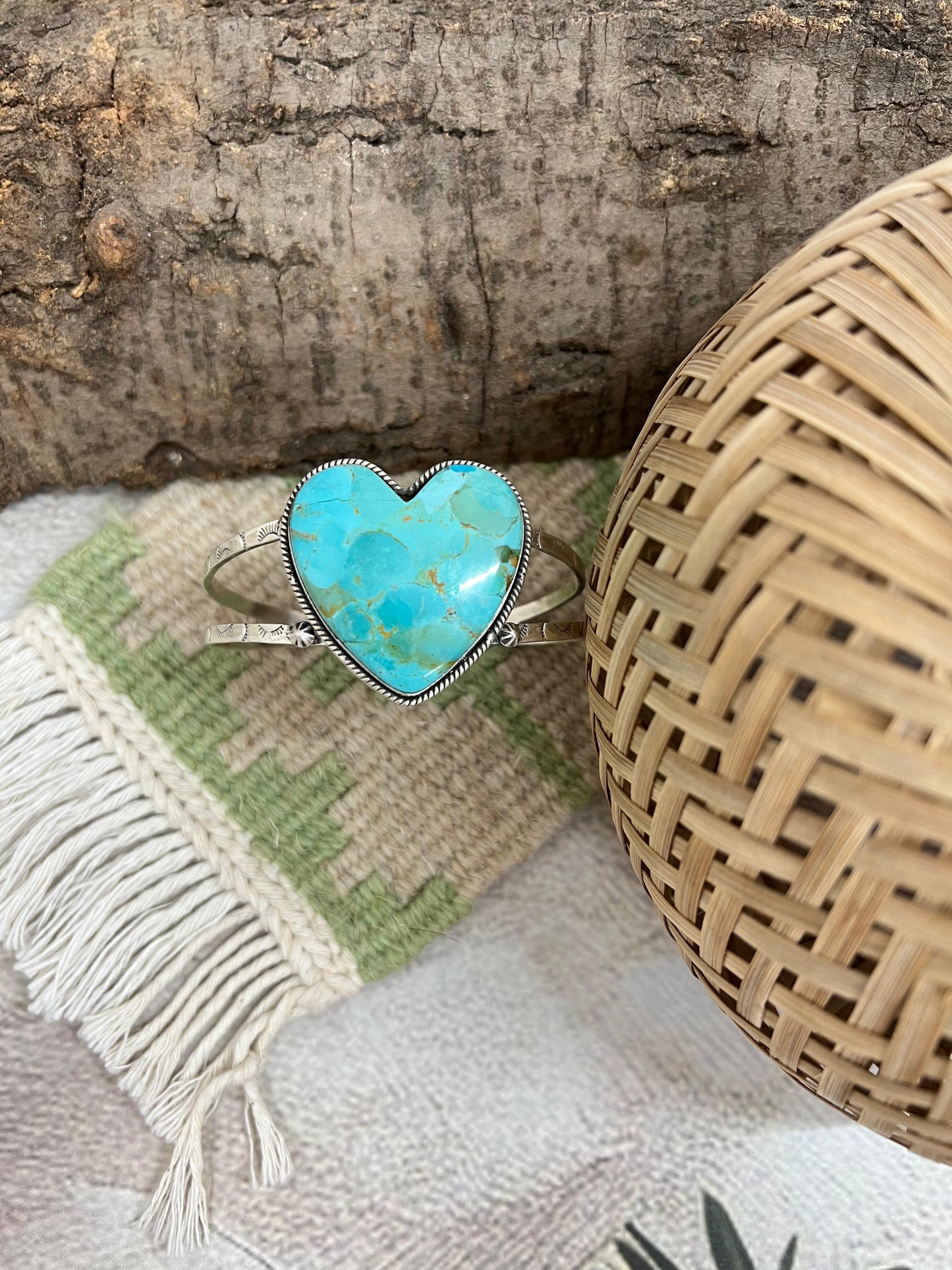 Handmade Sterling Silver Kingman Turquoise Heart Bracelet with Signed Nizhoni
