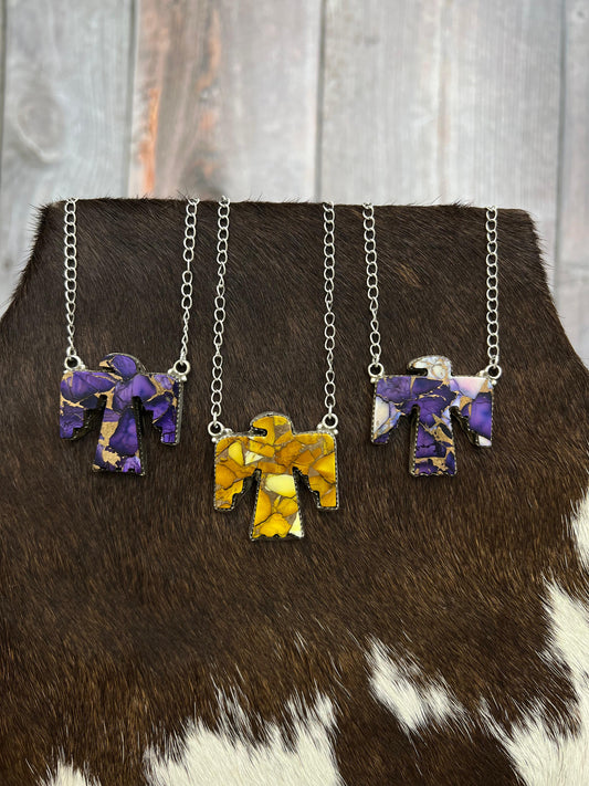 Handmade Sterling Silver Multi Gemstone Thunderbird Necklace with Signed Nizhoni