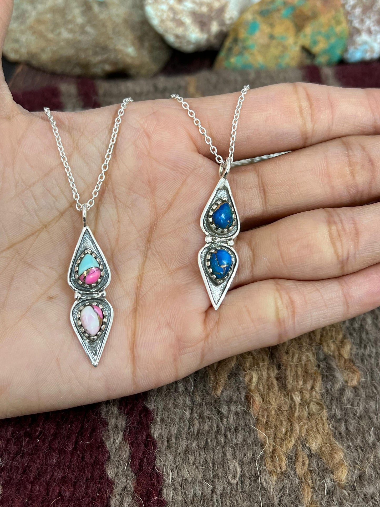 Handmade Sterling Silver Cotton Candy Peacock Dahlia Necklace, Signed Nizhoni