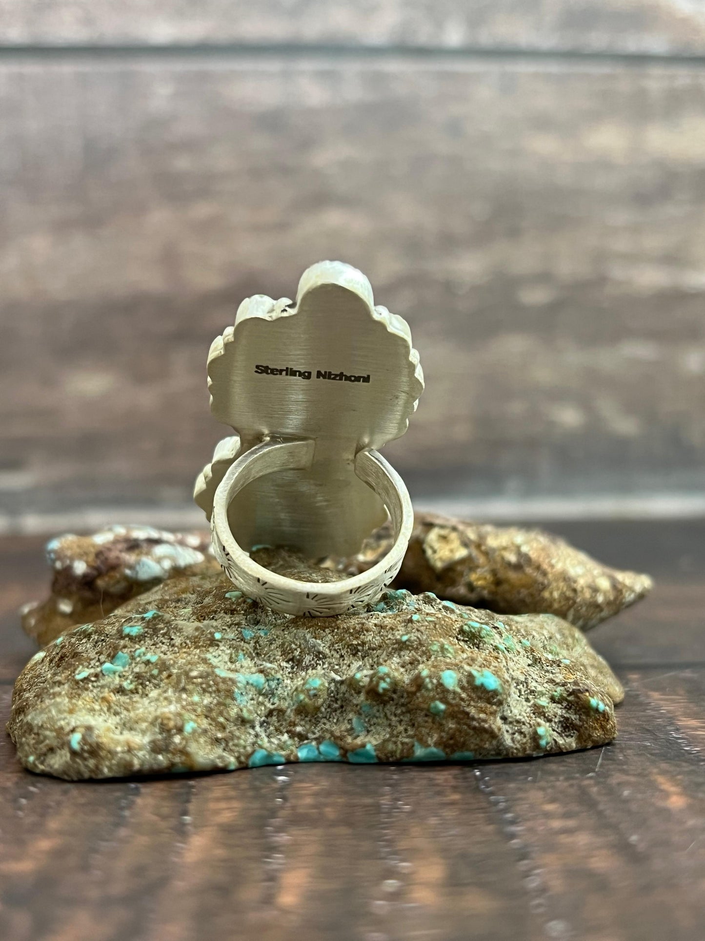 Handmade Sterling Silver Kingman Turquoise Adjustable Ring, Signed Nizhoni