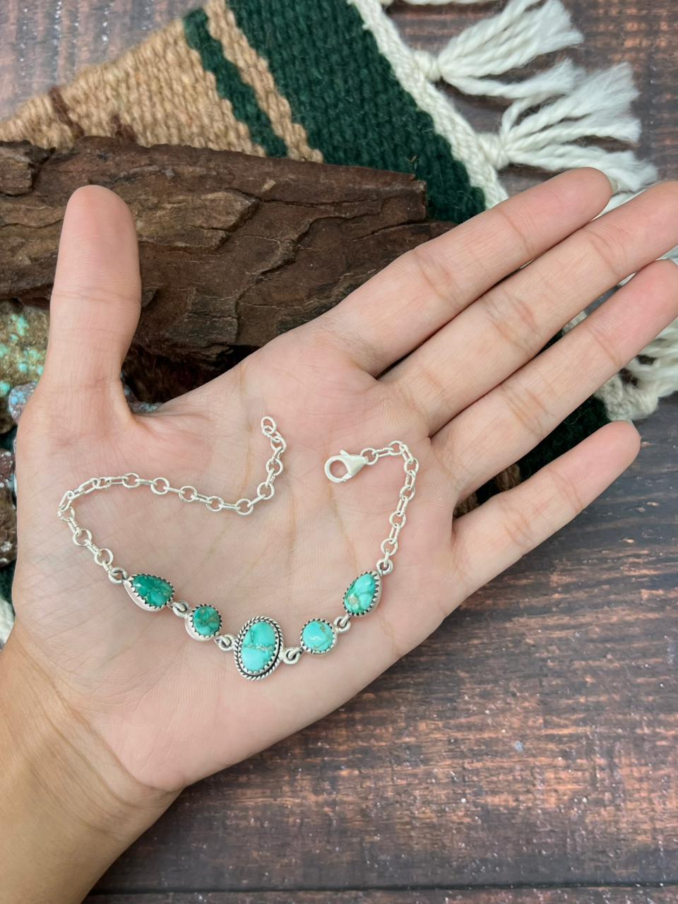 Handmade Sterling Silver Emerald Valley Turquoise Chain Bracelet "Signed Nizhoni"
