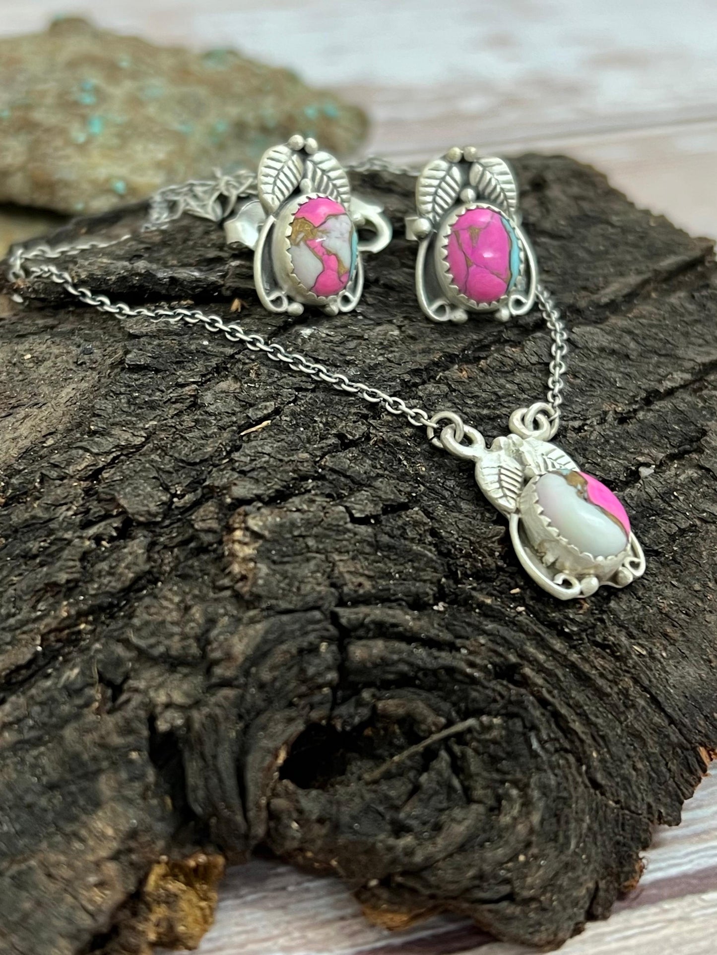 Handmade Sterling Silver Cotton Candy Turquoise Necklace Earrings Set, Signed Nizhoni