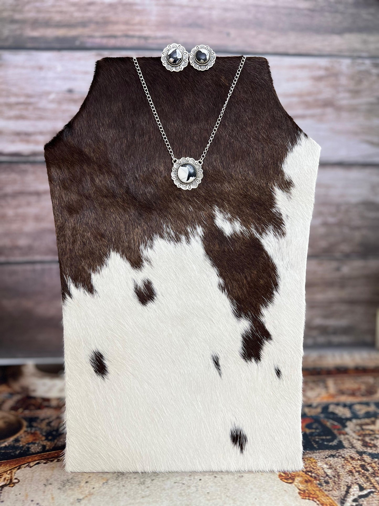 Handmade Sterling Silver White Buffalo Necklace Earrings Set with Signed Nizhoni