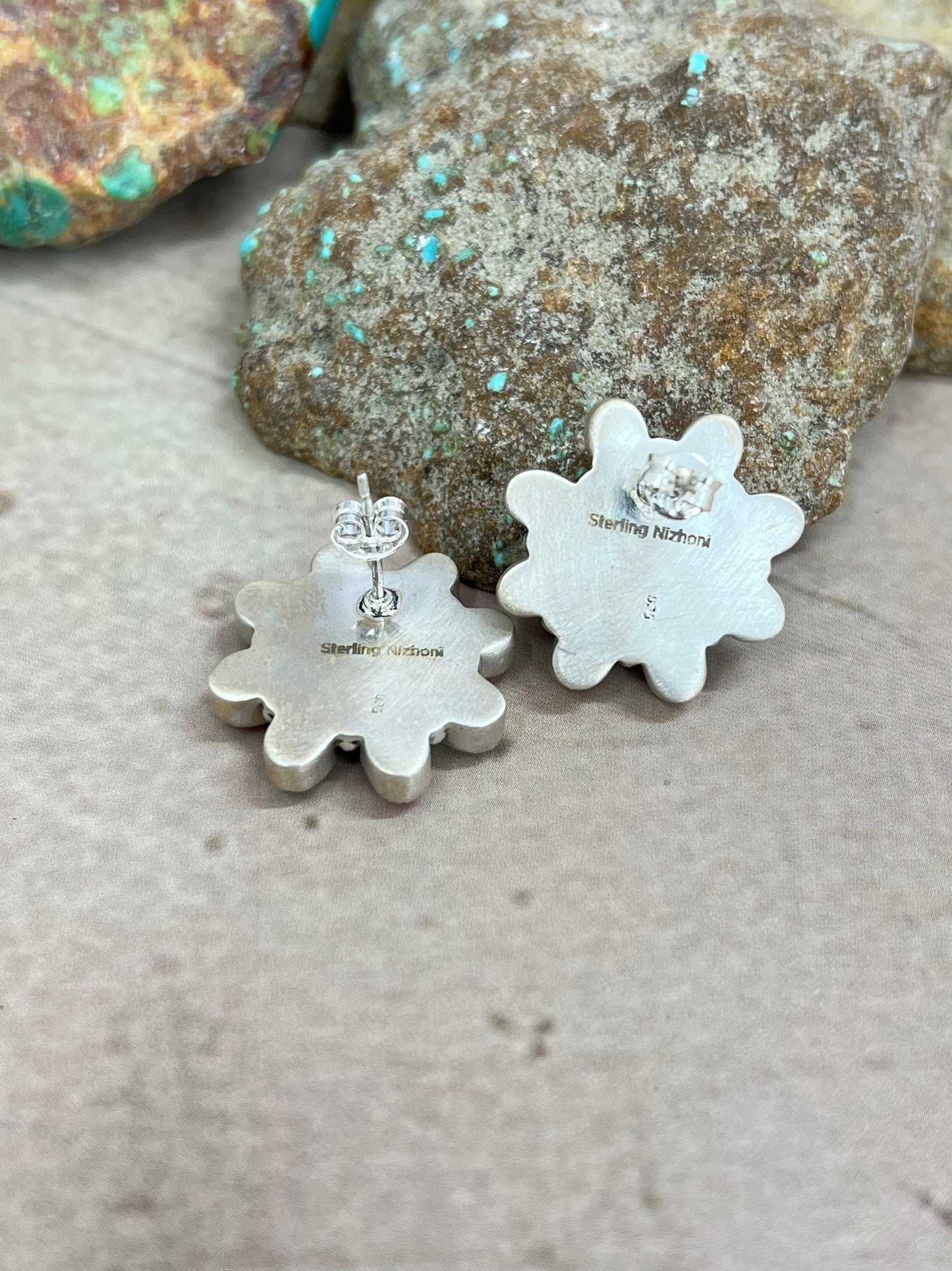 Handmade Sterling Silver Cotton Candy Turquoise Flower Post Earrings with Signed Nizhoni