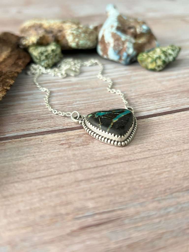 Handmade Sterling Silver Blackjack Turquoise Heart Necklace with Signed Nizhoni (4)