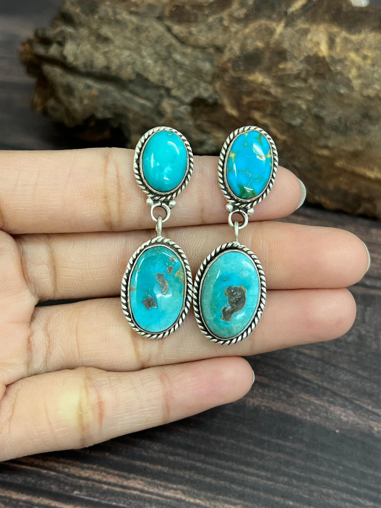 Handmade Sterling Silver South Hill Turquoise Post Dangle Earrings with Signed Nizhoni