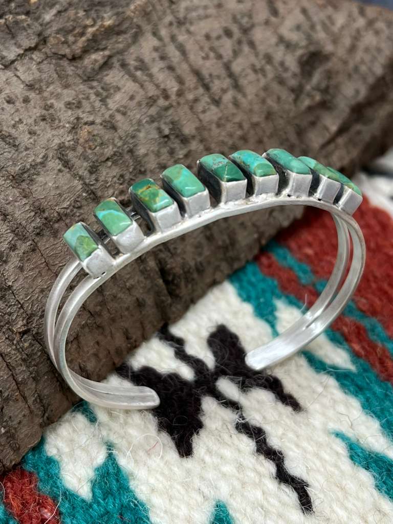 Handmade Sterling Silver Kingman Turquoise Bracelet with Signed Nizhoni