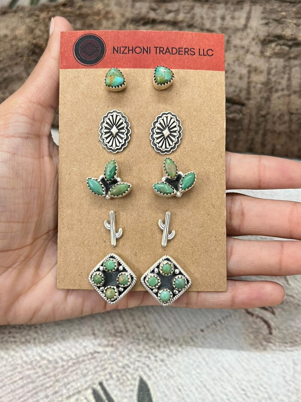 Handmade Sterling Silver with Kingman Turquoise Post Earrings (Studs), Signed Nizhoni