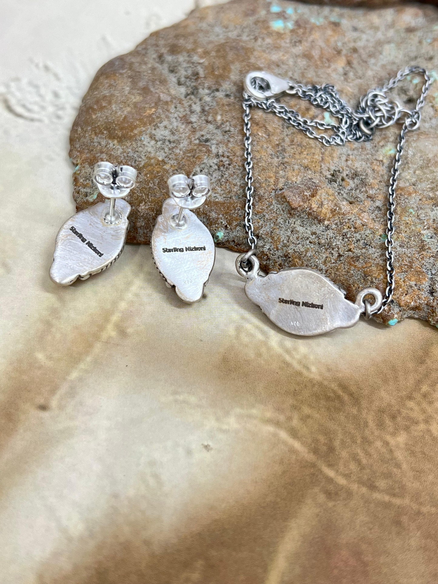 Handmade Sterling Silver Cotton Candy Turquoise Necklace Earrings Set, Signed Nizhoni