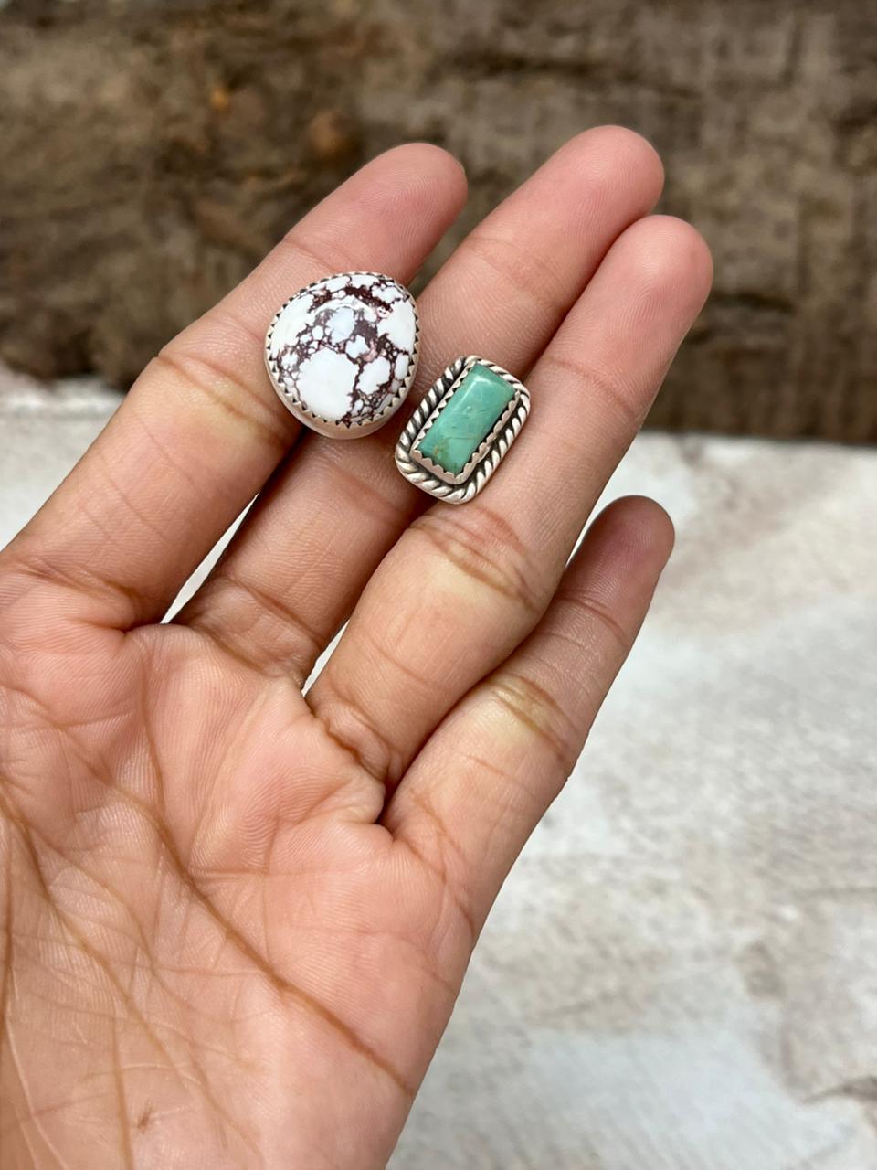 Handmade Sterling Silver Wild Horse Magnesite with Kingman Turquoise Adjustable Ring with Signed Nizhoni (9)