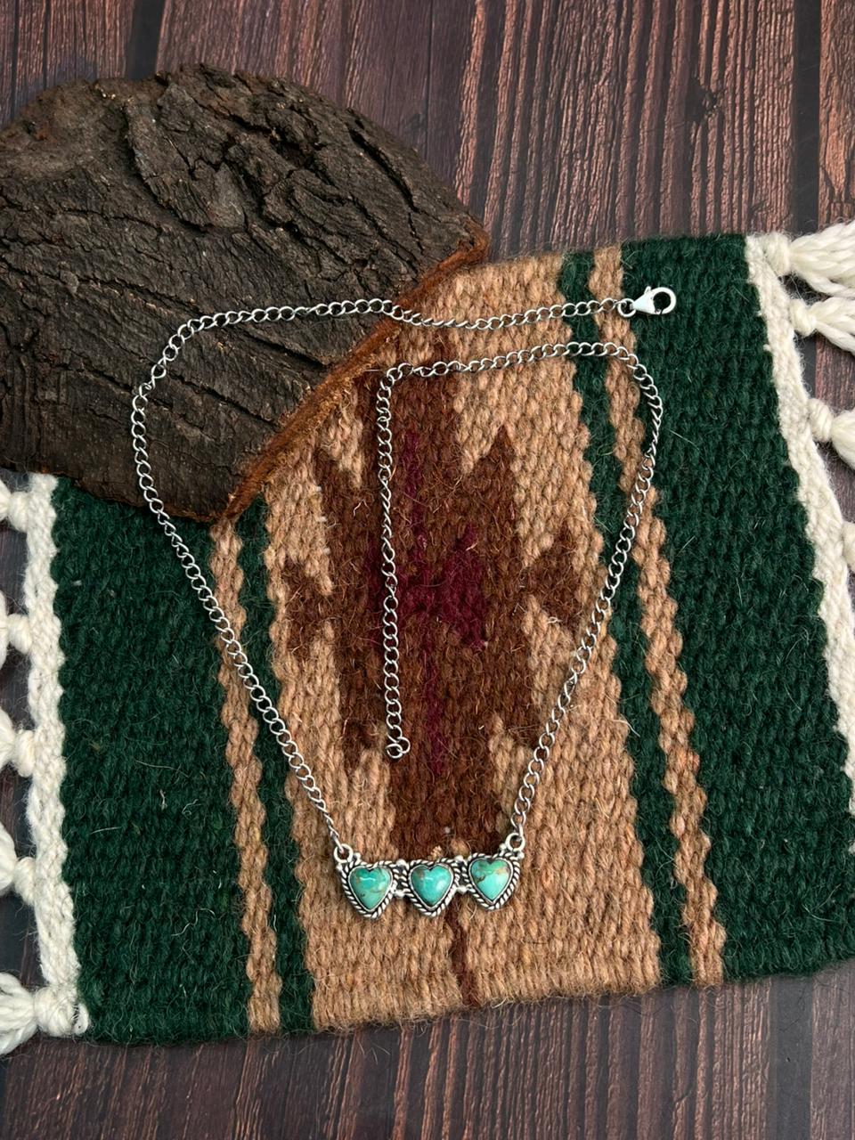 "Heart Collection" Handmade Sterling Silver Kingman Turquoise Necklace "Signed Nizhoni"