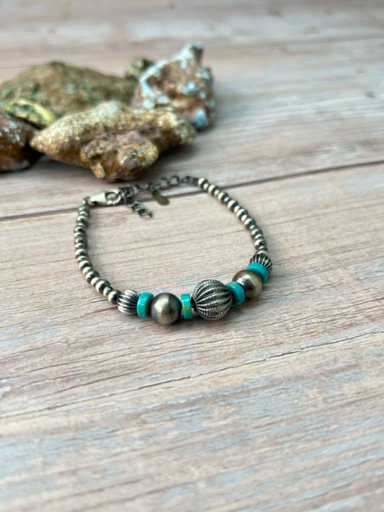 Handmade Sterling Silver Kingman Turquoise Beaded Bracelet "Signed Nizhoni"