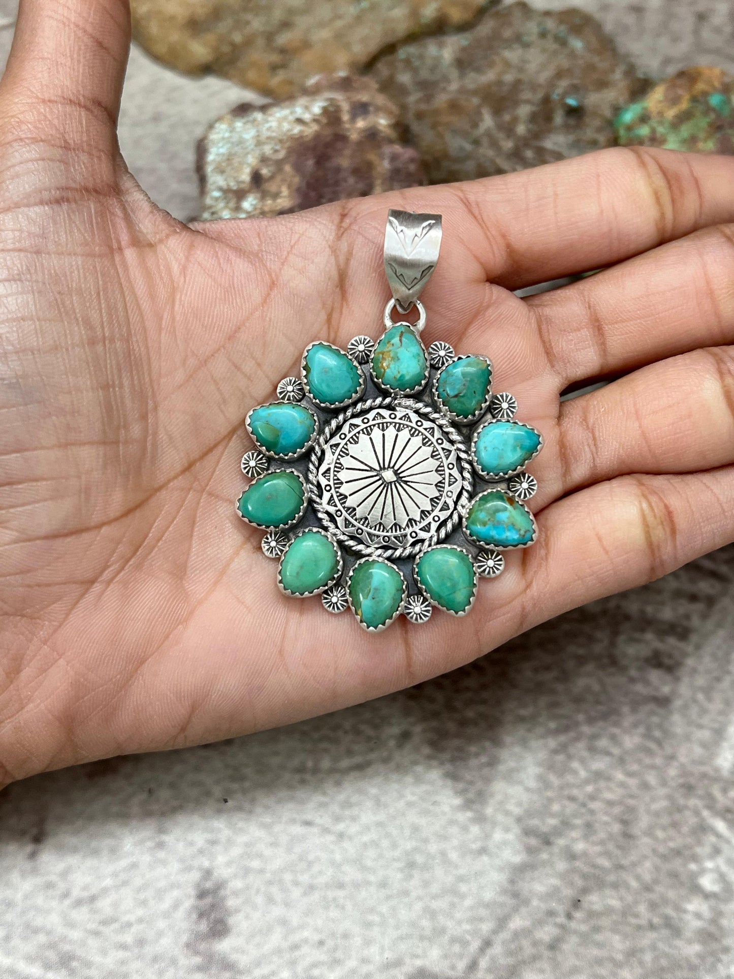 Handmade Sterling Silver Kingman Turquoise Pendant with Signed Nizhoni